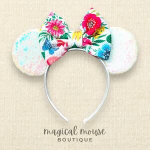 Iridescent White Floral Bow Minnie Ears | Disney-Inspired Spring Mouse Headband